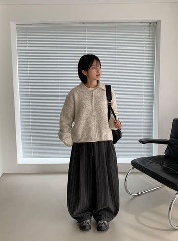 Homley Boucle Wool Collar Zip-Up Knit Cardigan